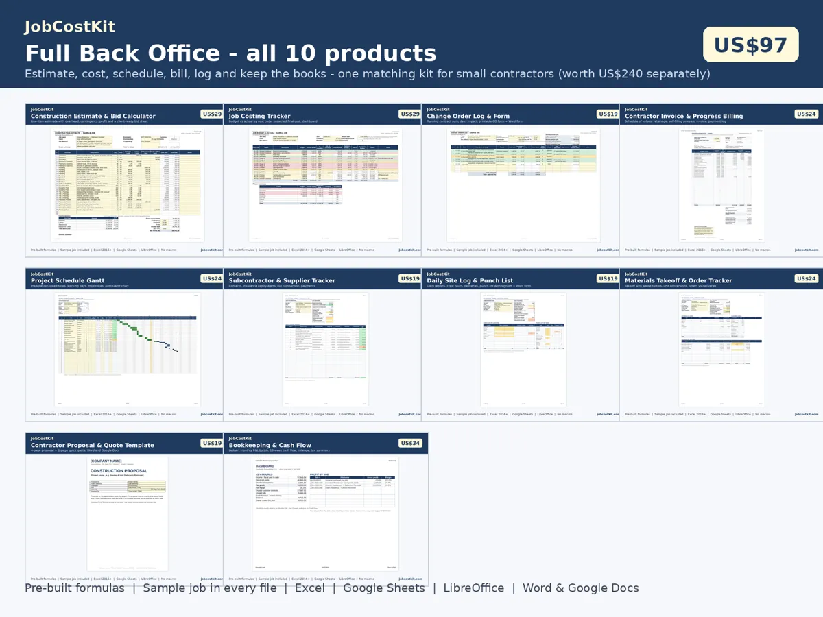 All ten JobCostKit spreadsheets