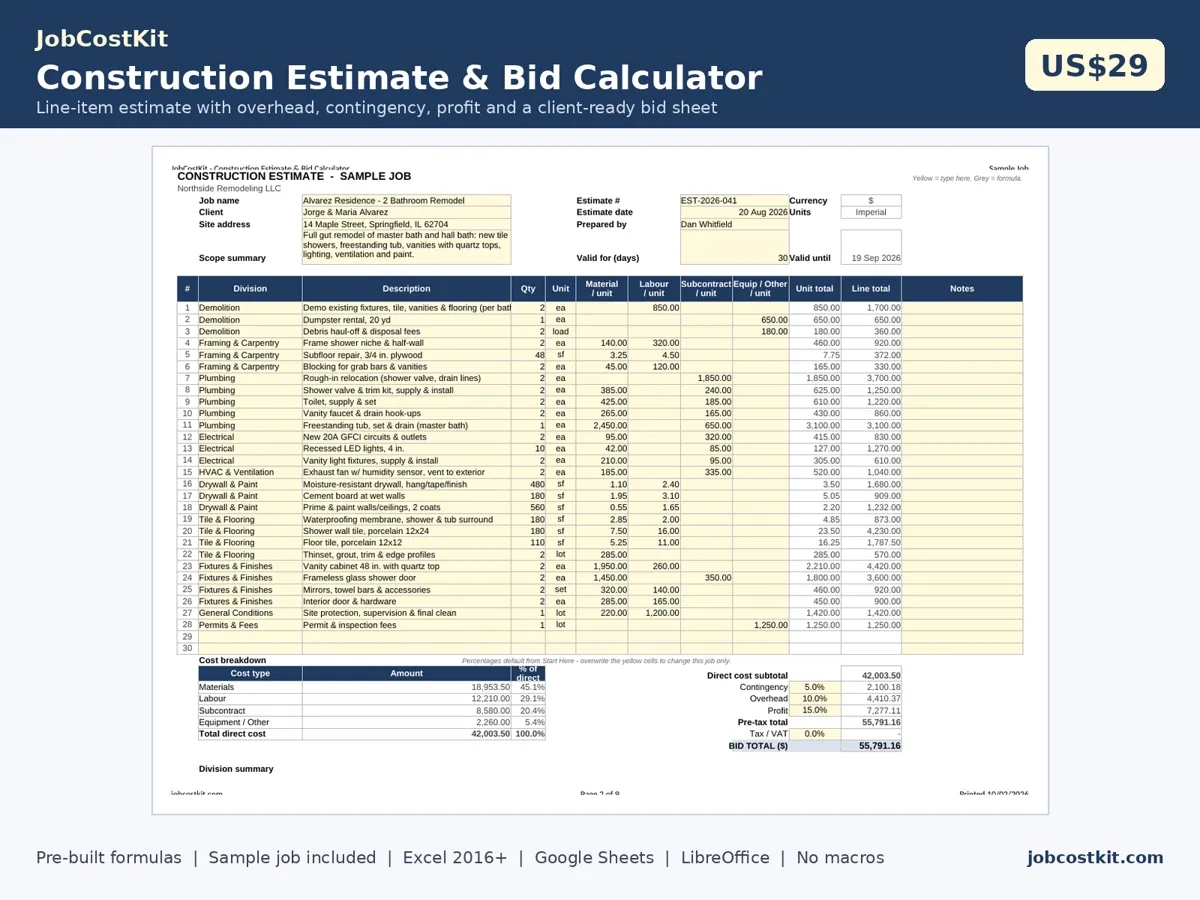 Construction Estimate & Bid Calculator spreadsheet preview