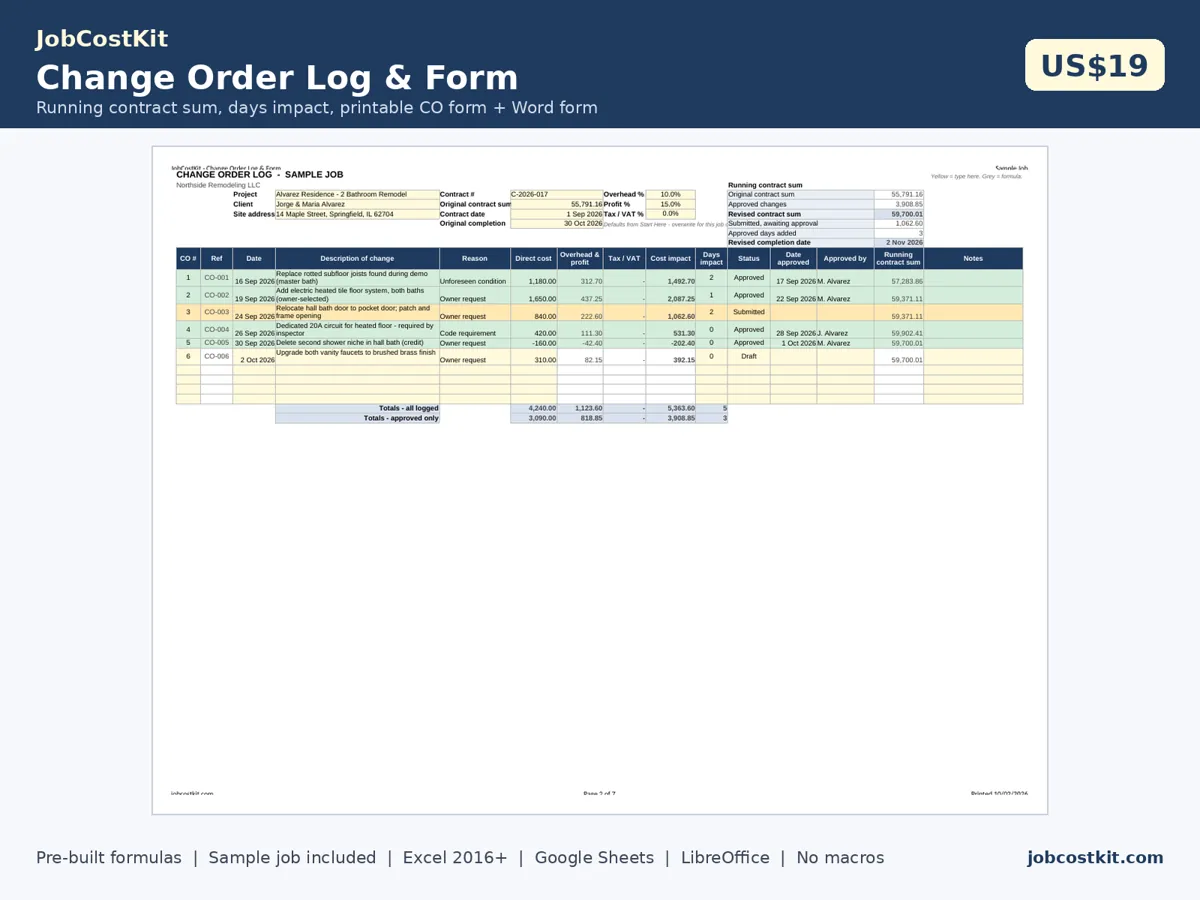 Change Order Log & Form spreadsheet preview
