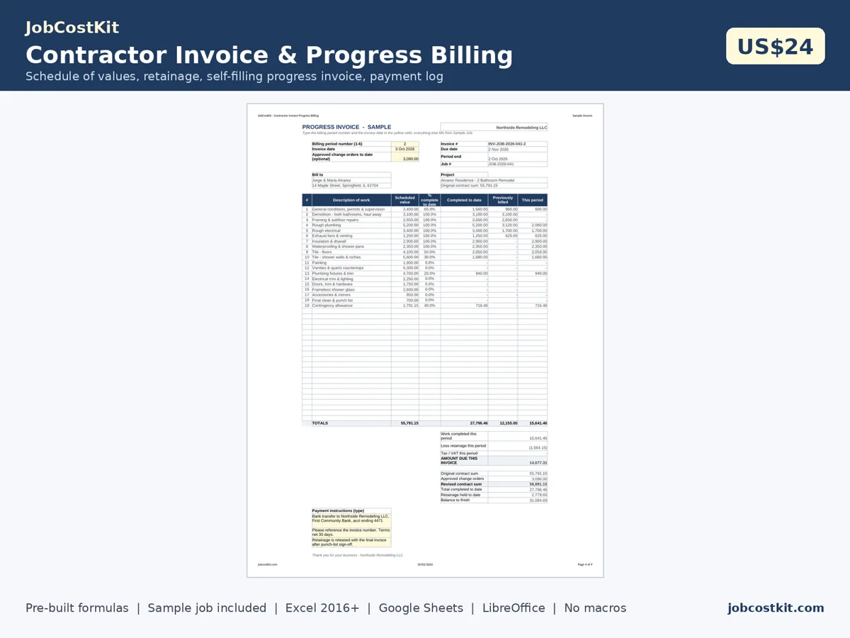 Contractor Invoice & Progress Billing spreadsheet preview