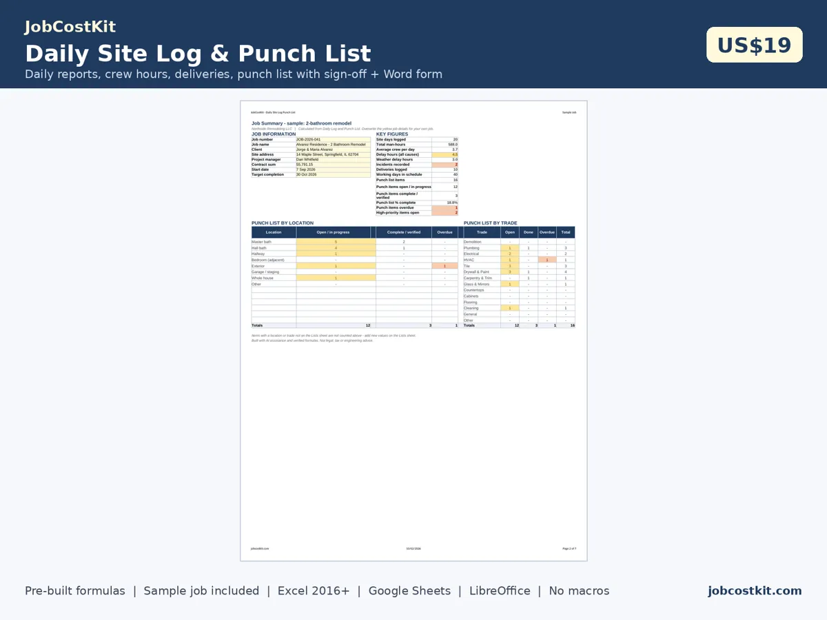 Daily Site Log & Punch List spreadsheet preview