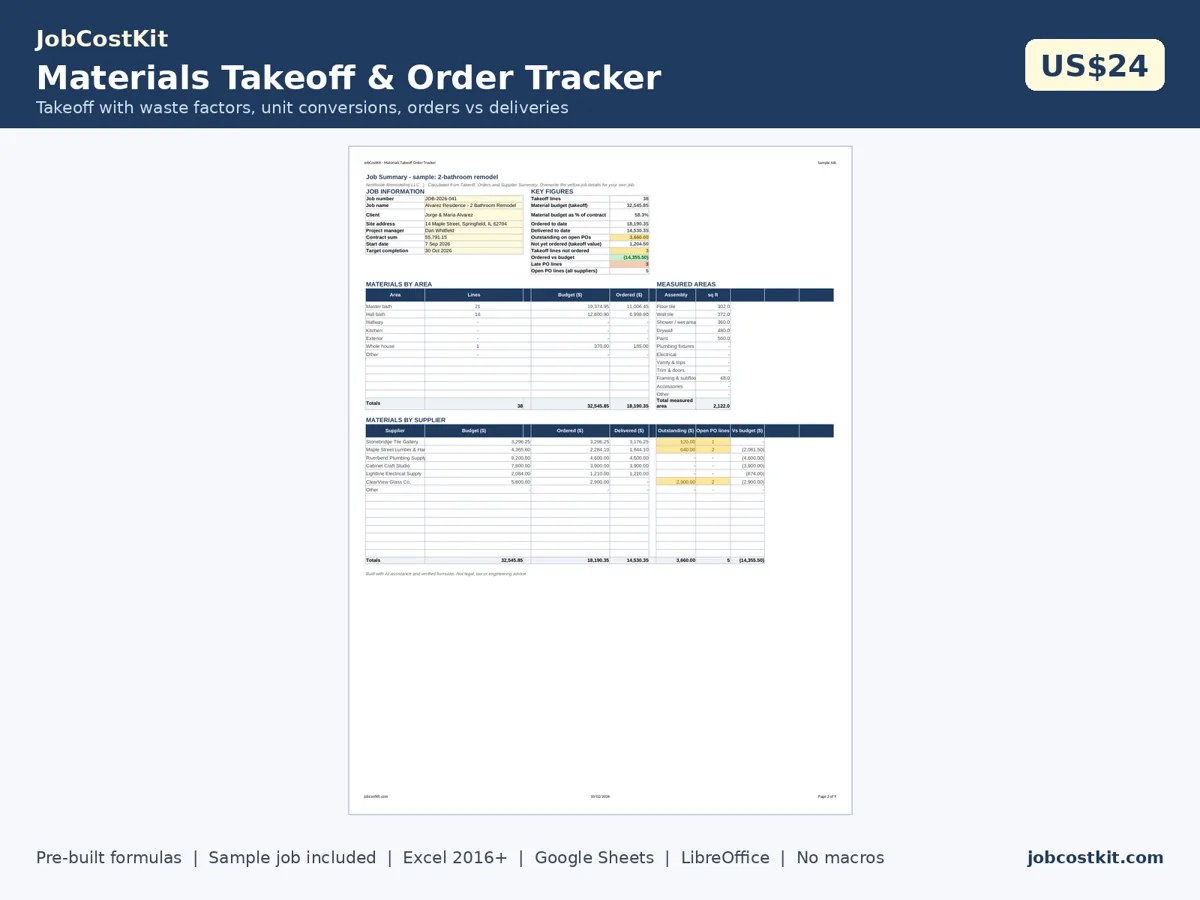 Materials Takeoff & Order Tracker spreadsheet preview