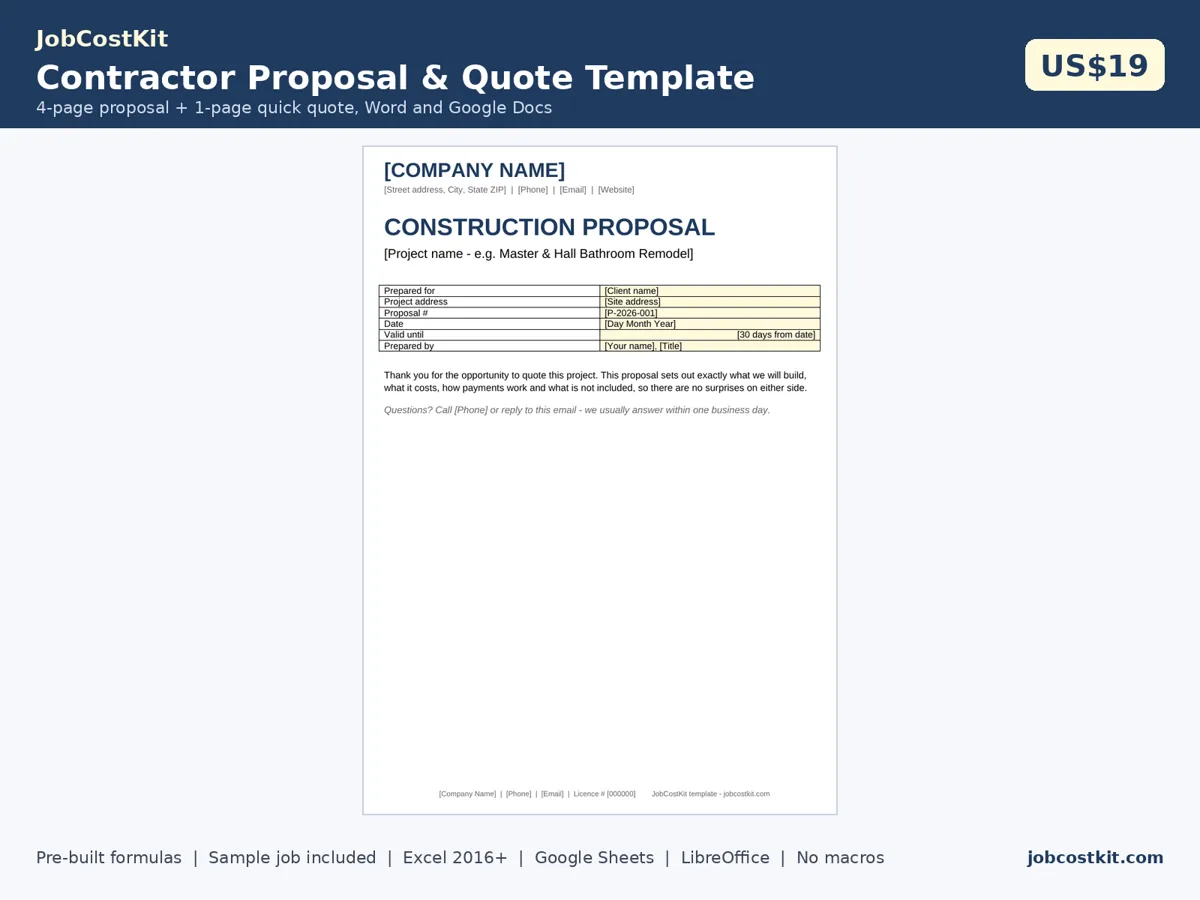 Contractor Proposal & Quote Template spreadsheet preview